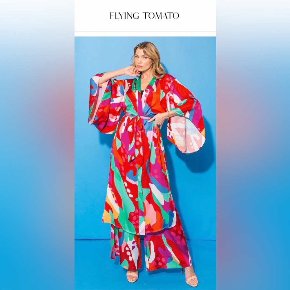 Flying Tomato Multicolor Satin belted Kimono Ensemble set - Picture 5 of 17